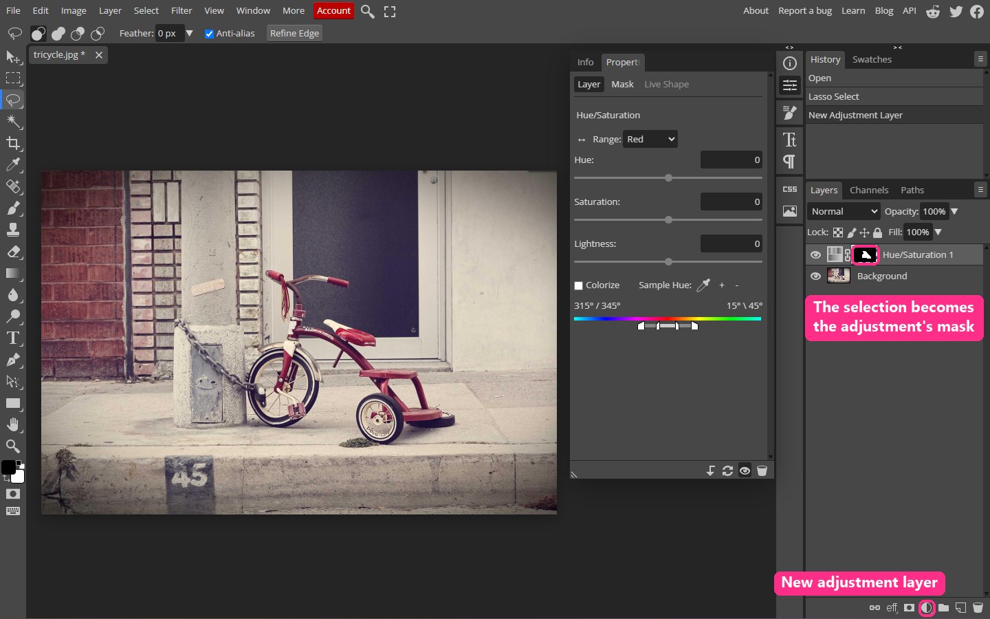 A new Hue/Saturation adjustment layer whose mask thumbnail shows the lasso shape in white