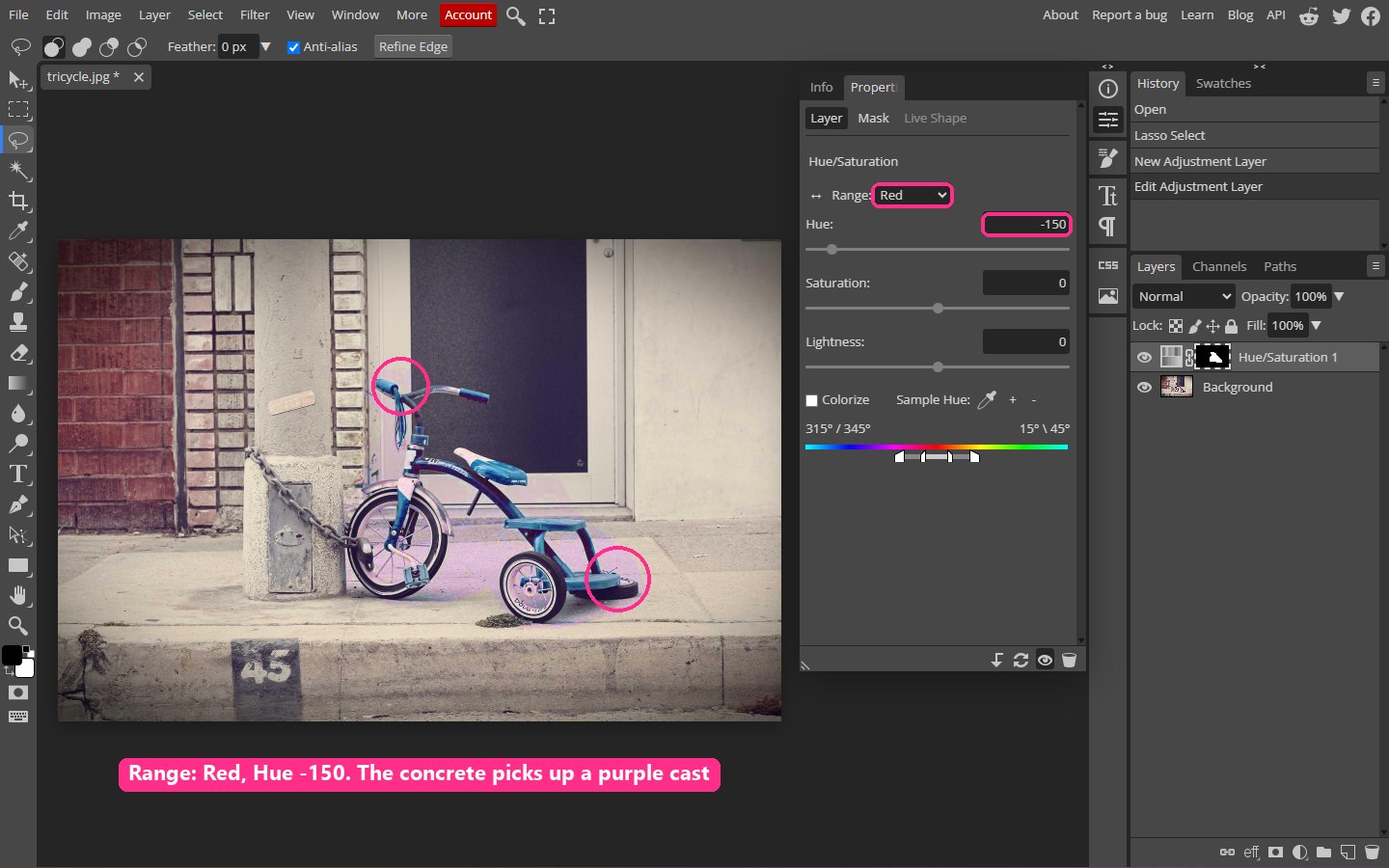 Hue/Saturation set to the red range with Hue at -150: the tricycle turns teal but the concrete around it turns purple