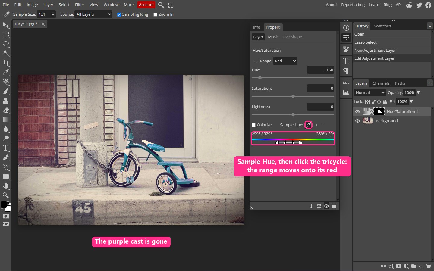 After sampling the tricycle with the eyedropper, the hue range moves onto its red and the purple cast on the concrete disappears