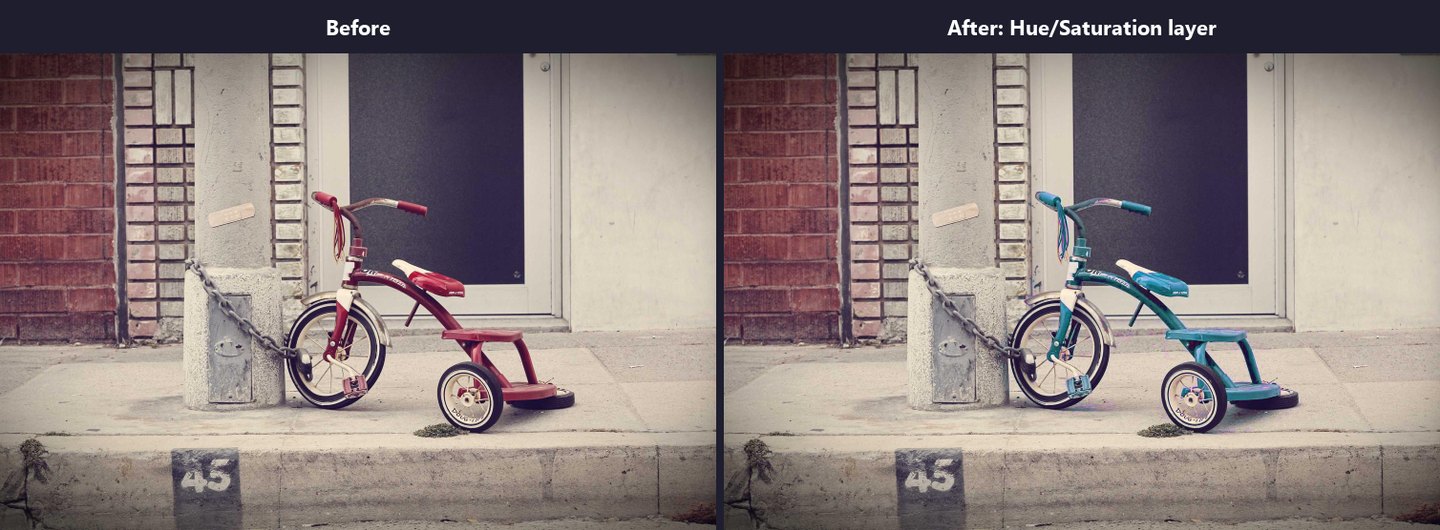 Side-by-side comparison: the original red tricycle and the same tricycle turned teal with a Hue/Saturation layer