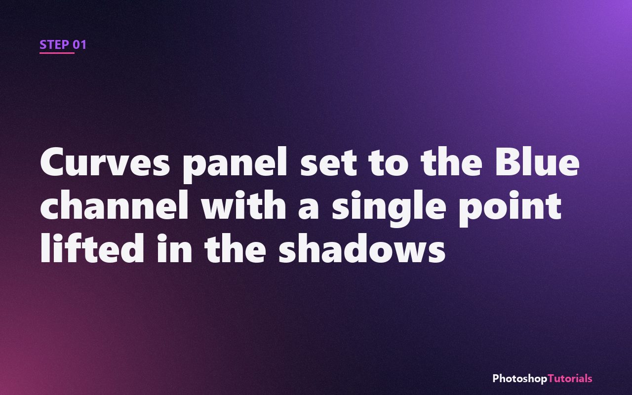 Screenshot: Curves panel set to the Blue channel with a single point lifted in the shadows