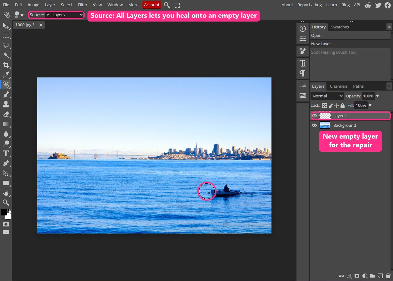 Photopea with an empty Layer 1 above the photo, the Spot Healing Brush selected and its Source option set to All Layers