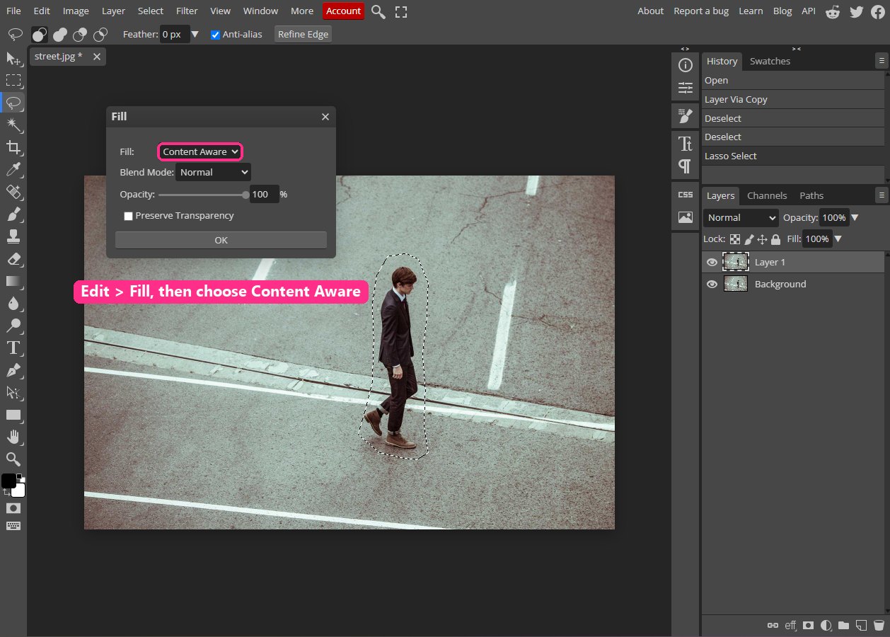 The Fill dialog with the Fill menu set to Content Aware over the selected man