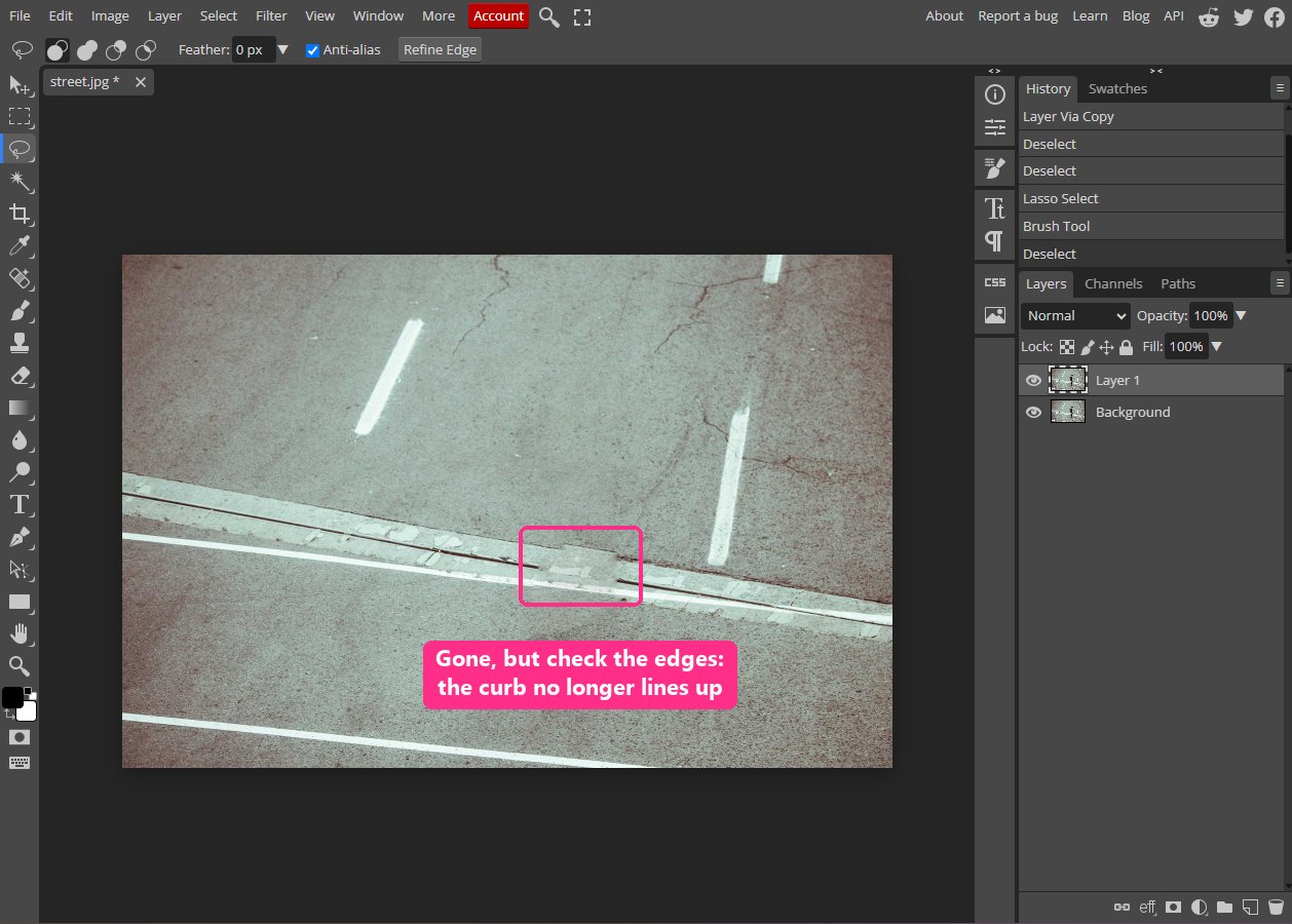 The man is gone but the curb and its groove are broken where he was standing