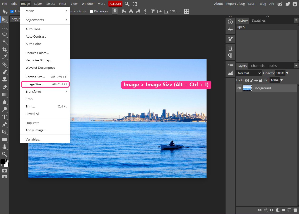 The Image menu open with Image Size and its shortcut Alt + Ctrl + I highlighted