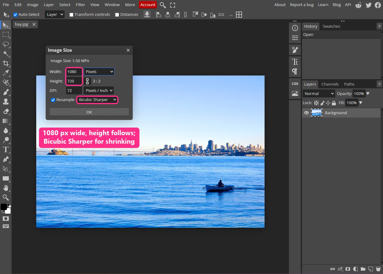 Image Size dialog with the width set to 1080 pixels, the height following at 720, and Resample set to Bicubic Sharper
