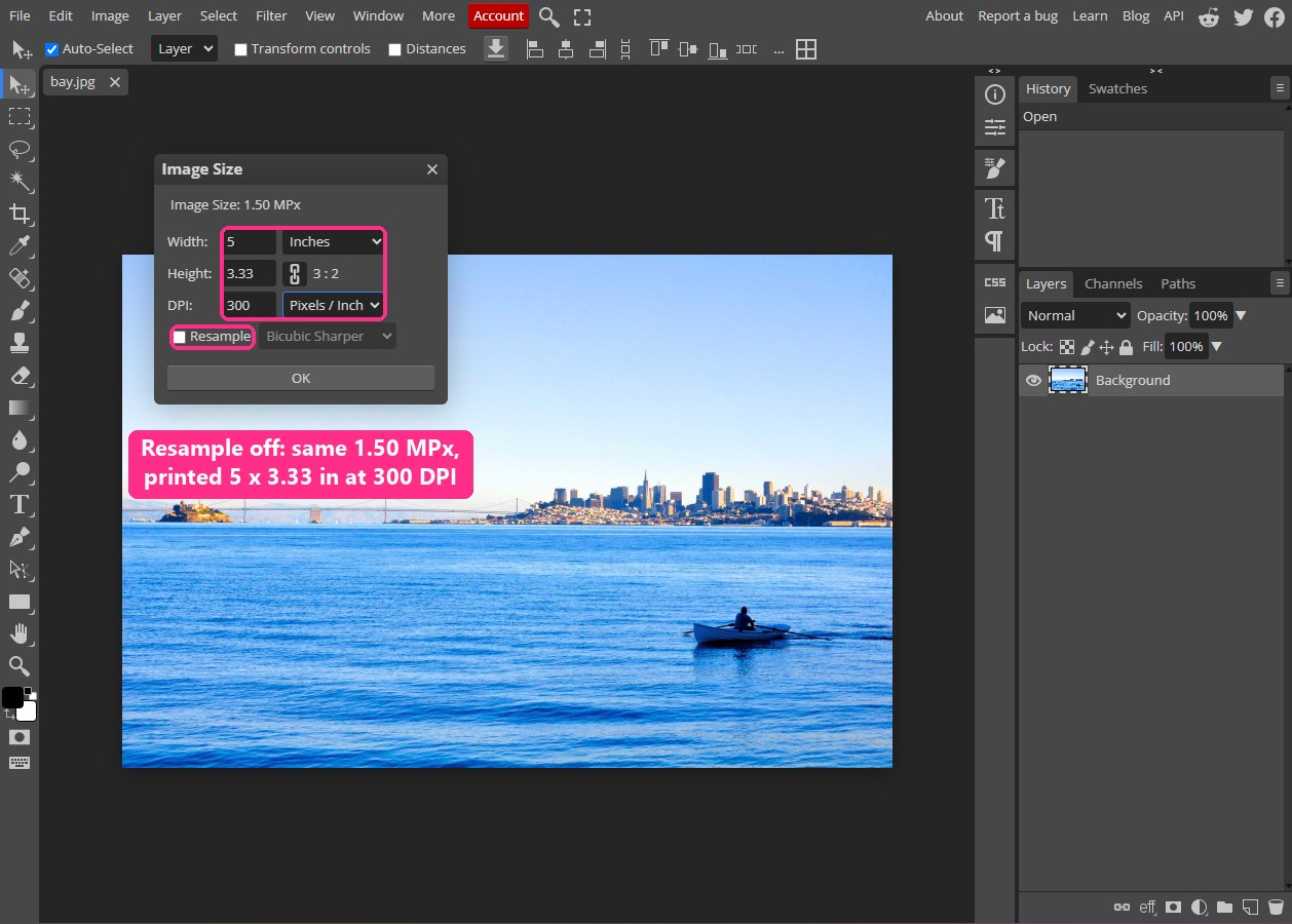 Image Size with Resample unticked and resolution set to 300: the image stays 1.50 megapixels and prints at 5 x 3.33 inches
