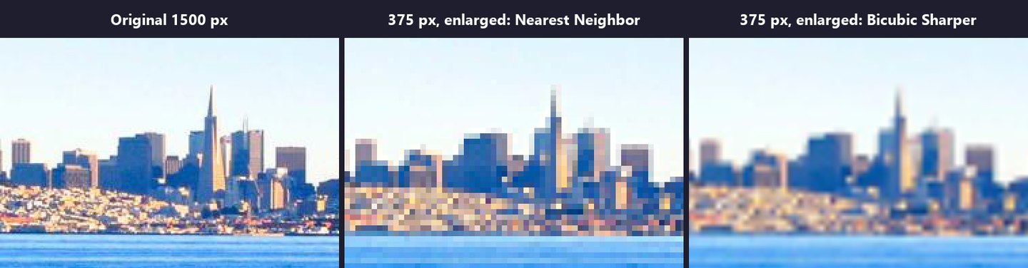 Three crops of the same skyline: the original 1500 pixel photo, a 375 pixel copy enlarged with Nearest Neighbor showing blocky pixels, and the same copy enlarged with Bicubic Sharper looking soft