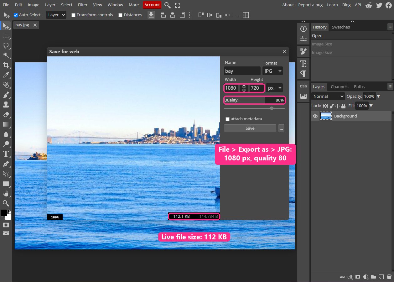 Photopea's Save for web dialog set to JPG, 1080 by 720 pixels, quality 80, showing a file size of 112 KB